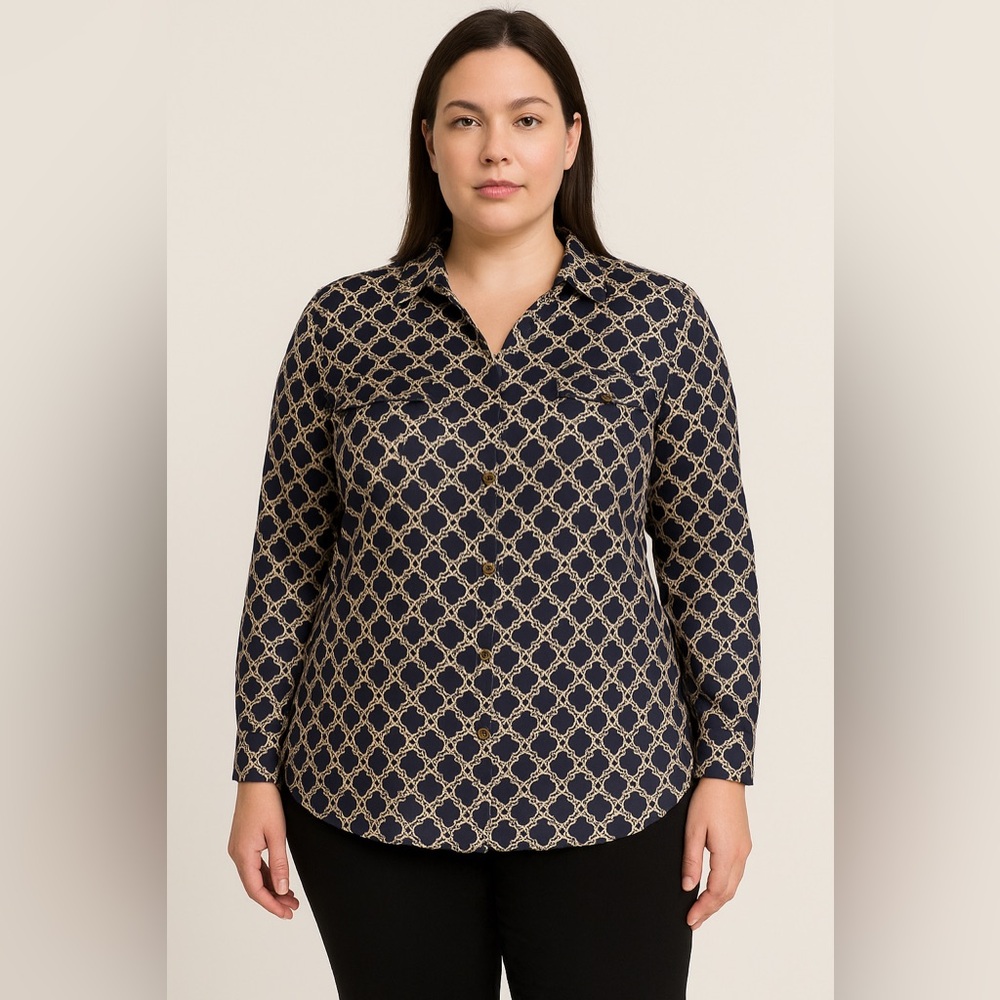 Jones New York Signature Woman Stretch Blouse 1X Navy Ecru Chain Link Button-Up